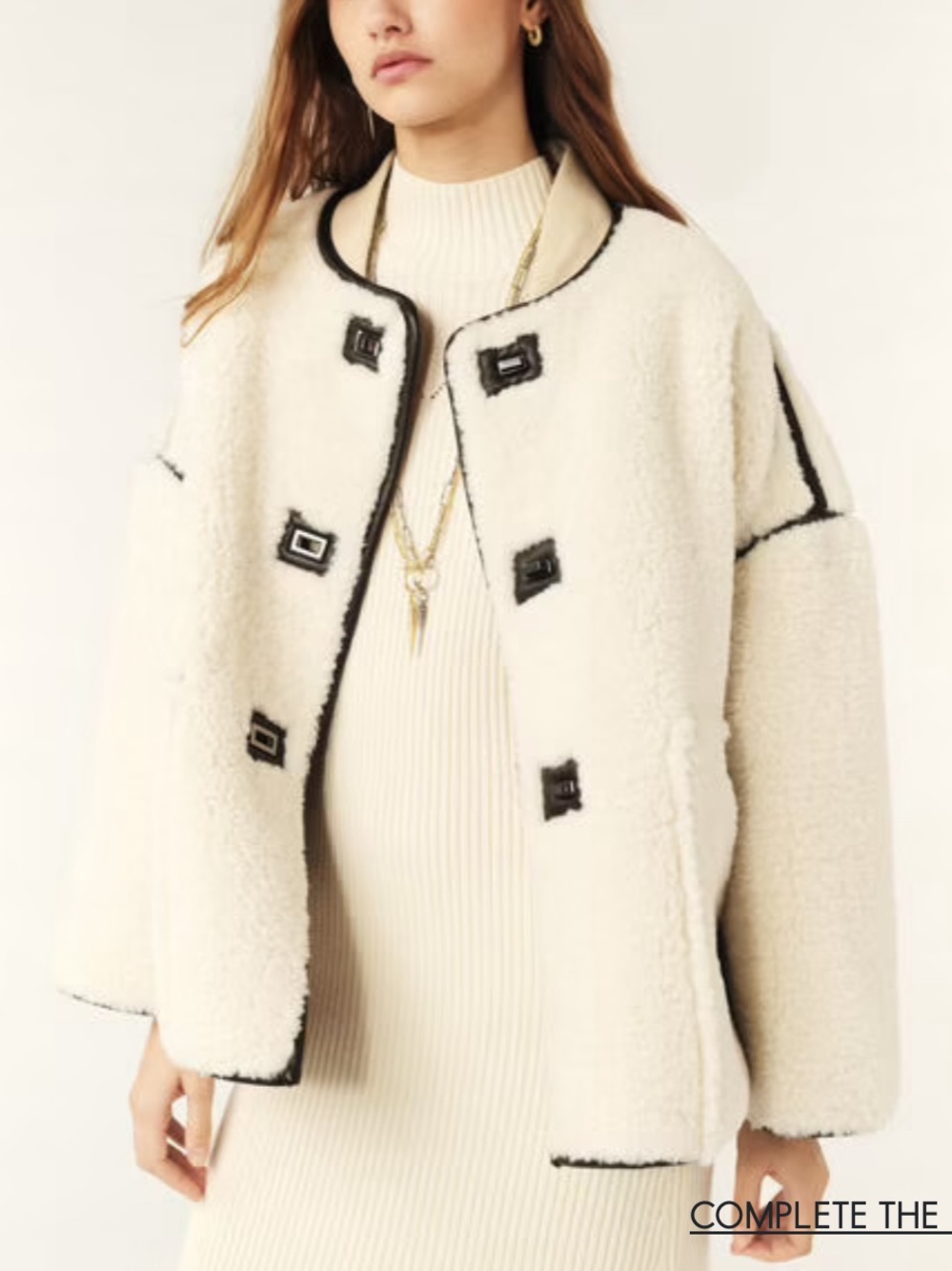 ba&sh Cream Teddy Jacket with Black Trim